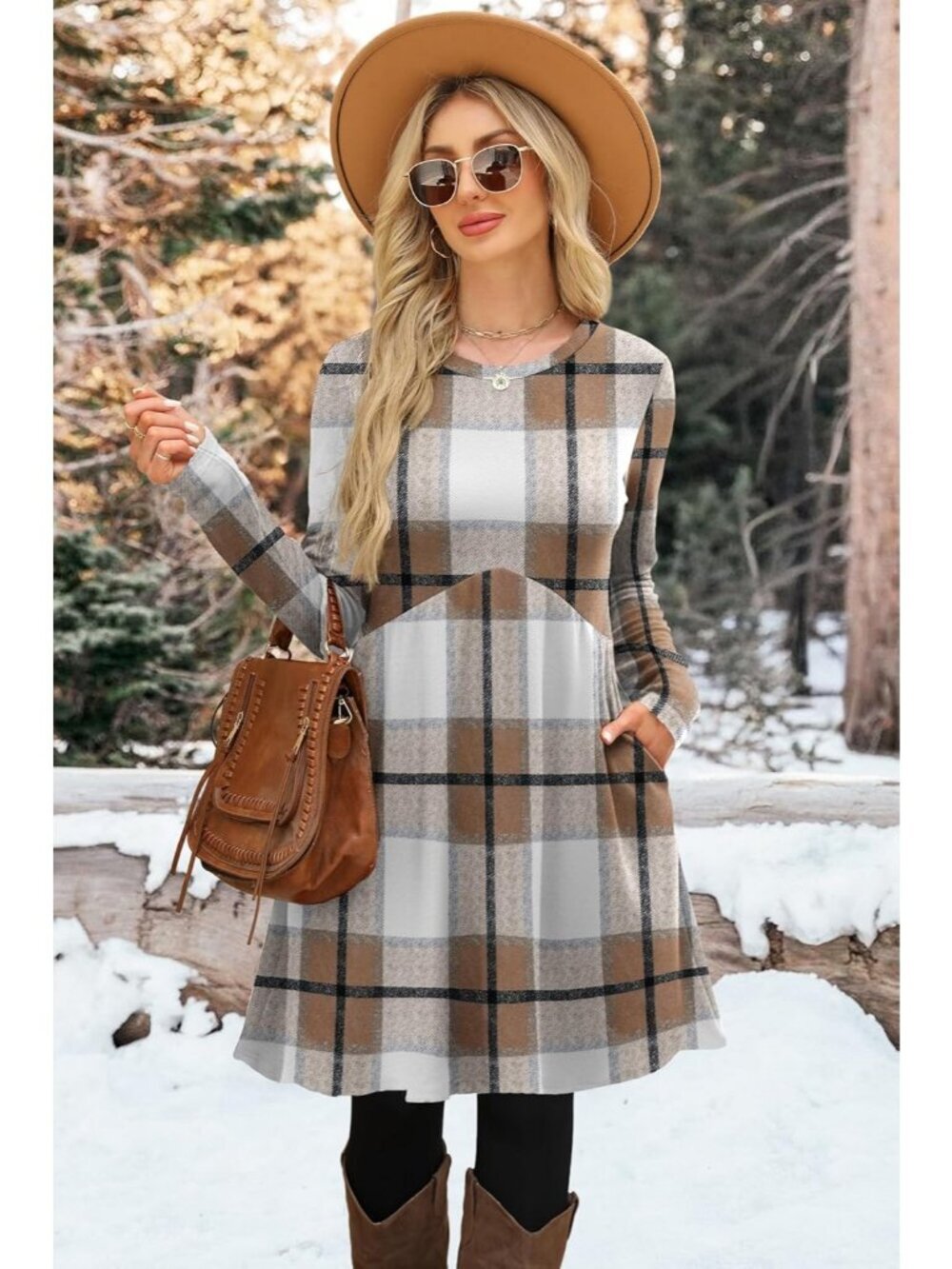 Women's Brown Palid Long Sleeve Comfort Crew Neck Empire Waist Tunic Mini Dress - Picture 2 of 5